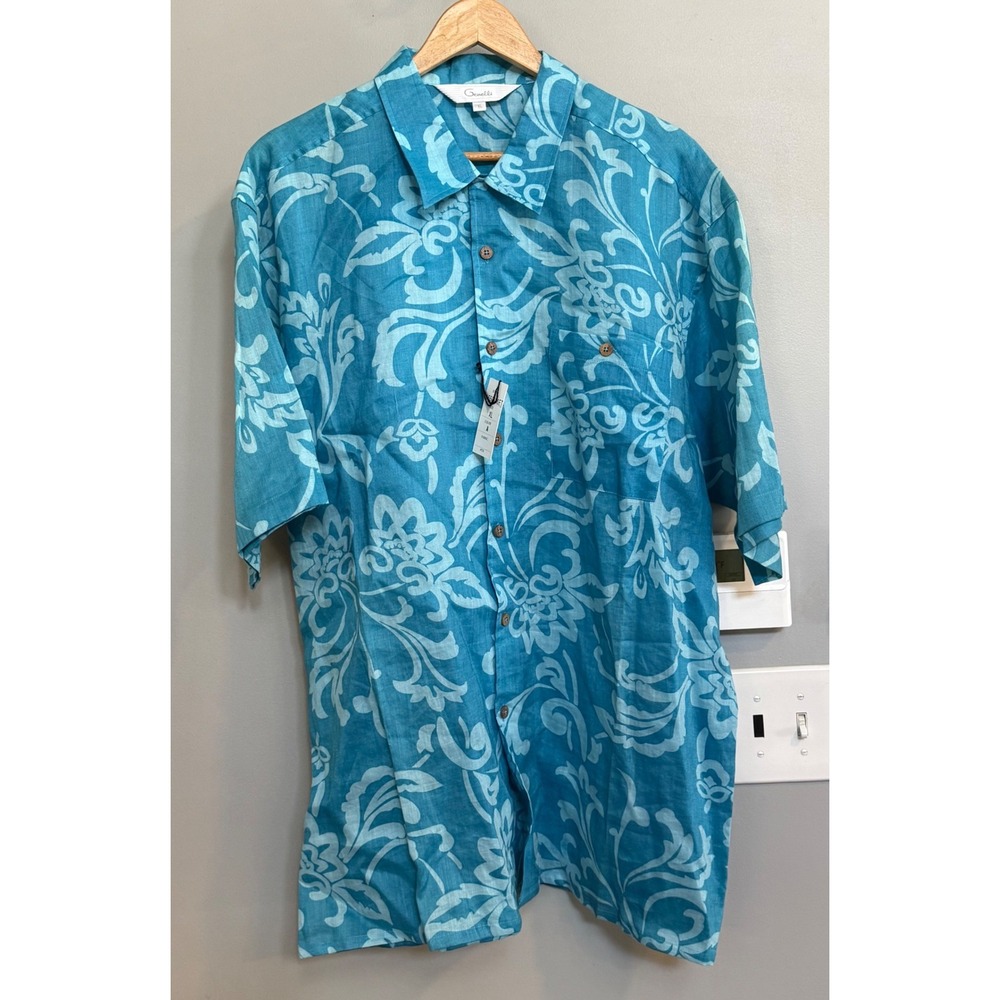 Genelli Mens XL 100 Linen Blue Floral Short Sleeve Button‎ Up Shirt